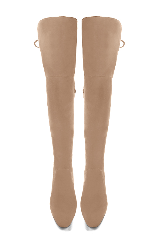 Tan beige women's leather thigh-high boots. Round toe. High block heels. Made to measure. Top view - Florence KOOIJMAN